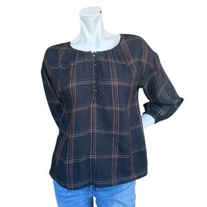Madewell Wool Blend Black Orange Plaid Shirred Popover Long Sleeve Blouse XS